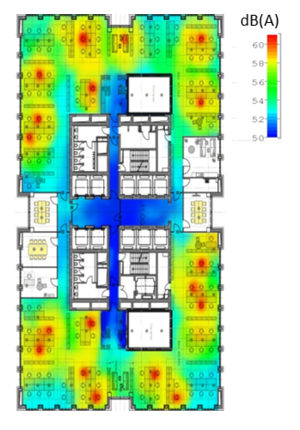 Akustiksimulation für den Schallschutz im Büro und Raumakustik verbessern zeigt akustische Herausforderung im Großraumbüro