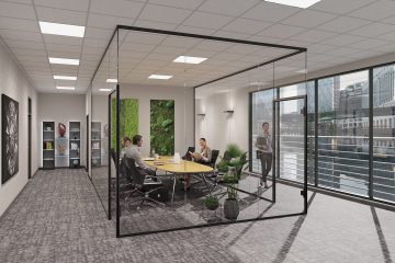 Raum in Raum System aus Glaswand für Besprechungsraum mit Moos als Schallabsorber Wand