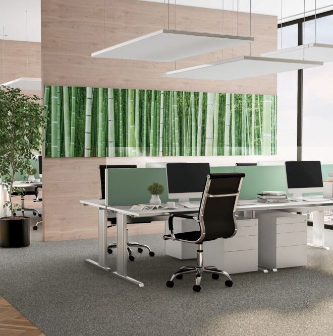 Akustiklösungen im Team- und Gruppenbüro durch Akustikbilder und Schallabsorber Decke