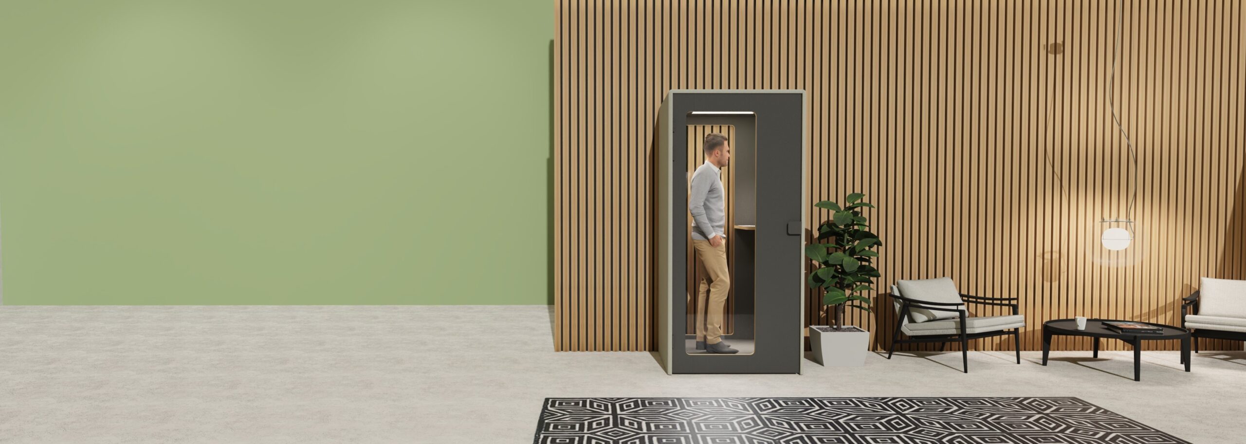 Telefonbox Büro in modernem Raum mit Holzakzenten für Raumakustik verbessern