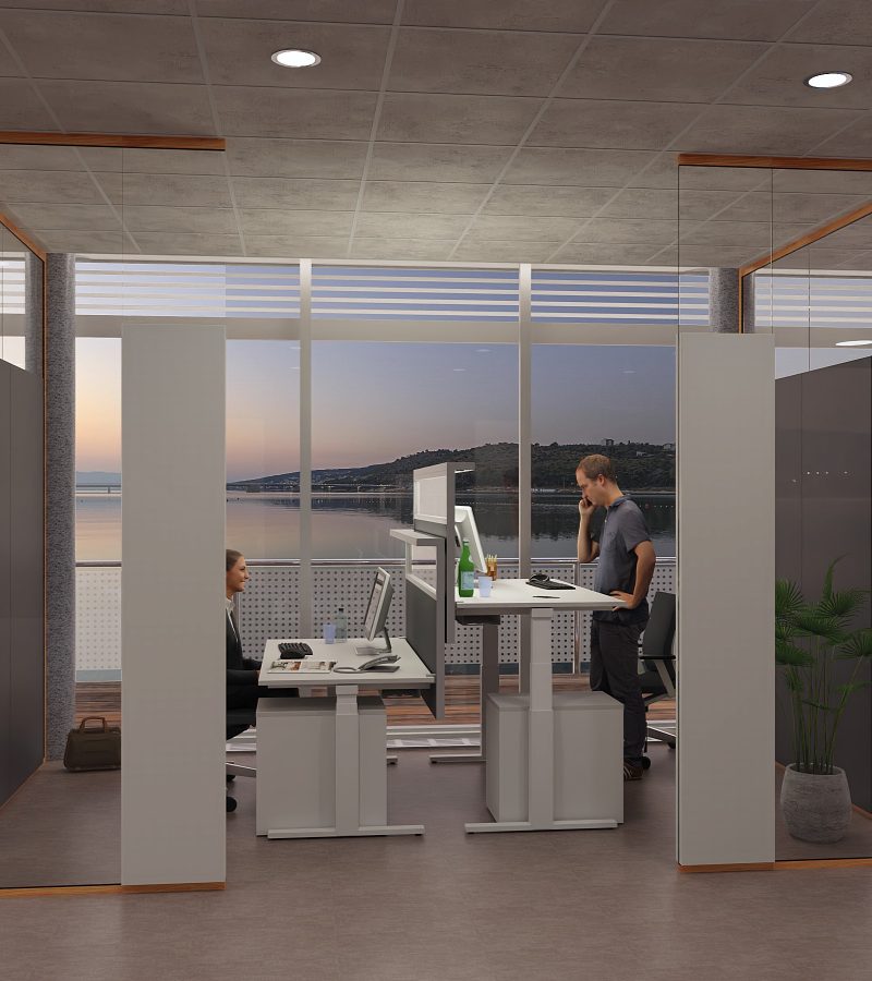 Doppelarbeitsplatz mit PreGlass Akustik Trennwand und Schallabsorber für Schalldämmung im Büro