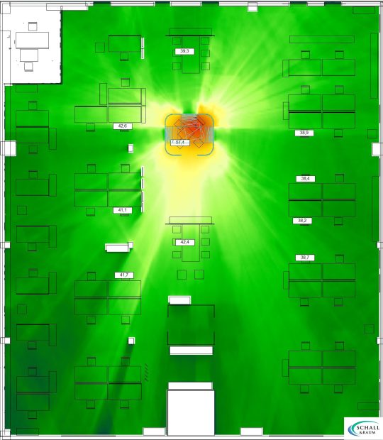 Schallsimulation Nachhallzeit mit Discreto als akustische Maßnahme für Mittelzone im Großraumbüro