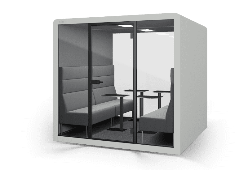 Telefonbox und Meetingpod Büro Space in grau mit Sofa und Tisch für vier personen