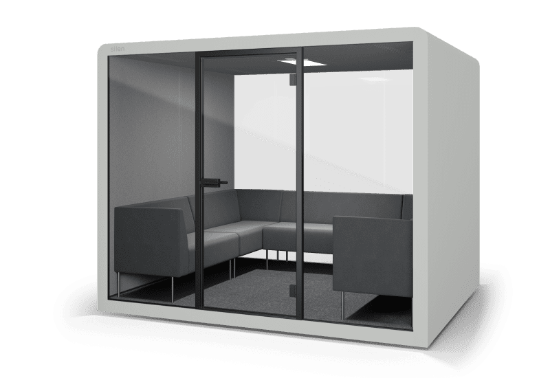 Telefonbox und Meetingpod Büro Space in grau mit Sofa und Tisch für vier personen